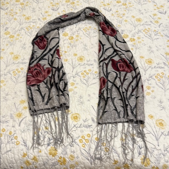 Floral Gray and Red Scarf - Picture 2 of 3